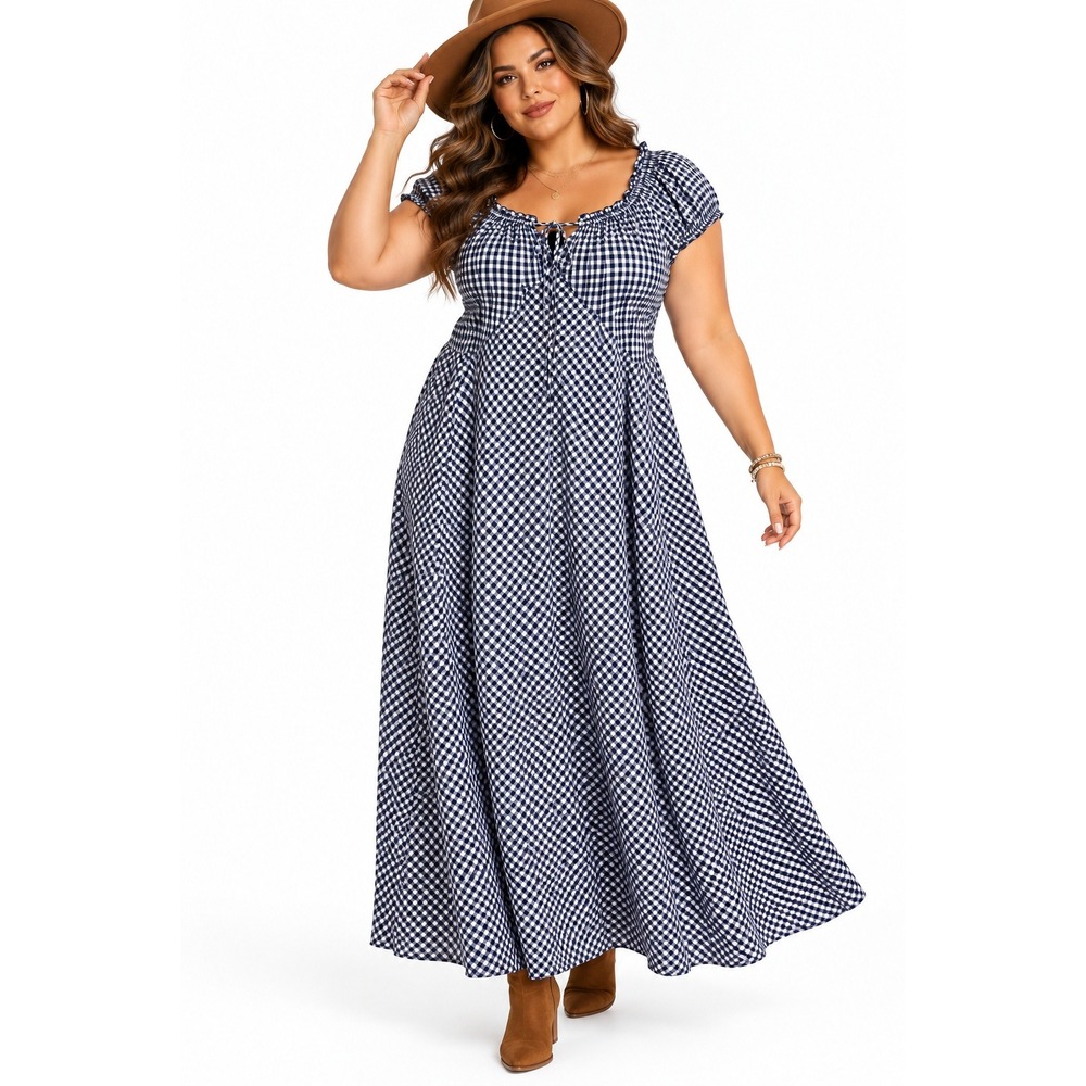 Market & Spruce Navy Gingham Short Sleeve Maxi Dress 1X Plus Size